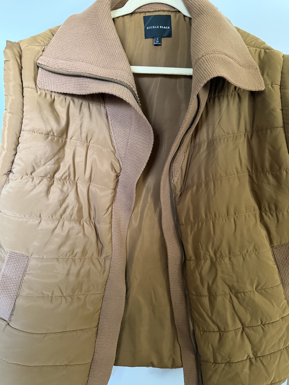 Buckle Quilted Puffer Vest in Tan with Knit Trim
